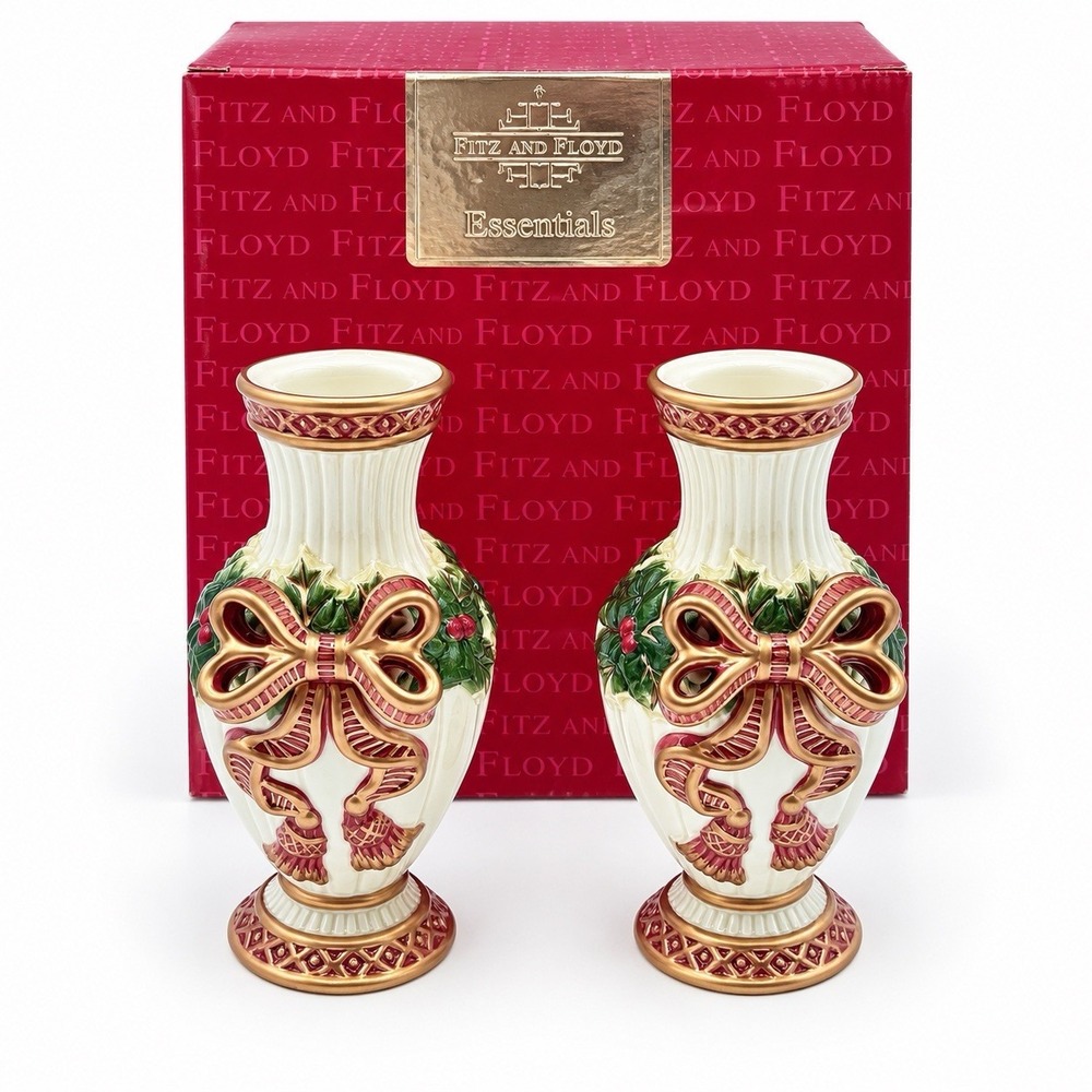 Fitz & Floyd Essentials Noel Candle Holders Set of 2 Bow Holly Christmas Box
